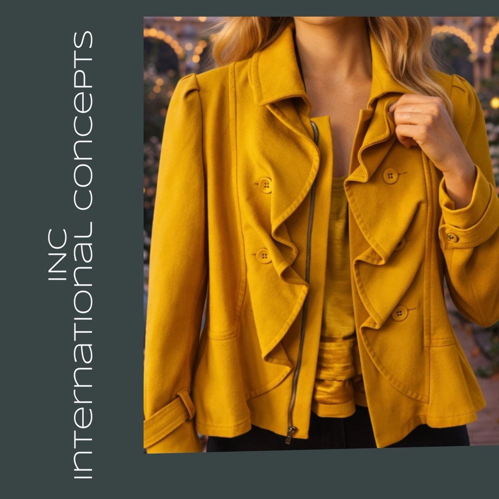 INC International Concepts Mustard Yellow Ruffle Front Jacket Size Medium